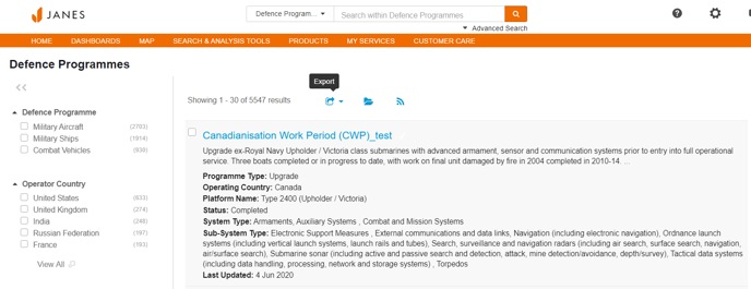 Janes-Defence-Programmes-Export-Function